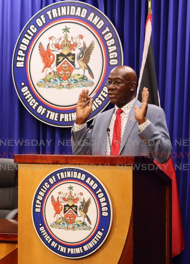 Prime Minister Dr Keith Rowley at a post-cabinet press conference at White Hall, Port of Spain on Thursday. - ROGER JACOB