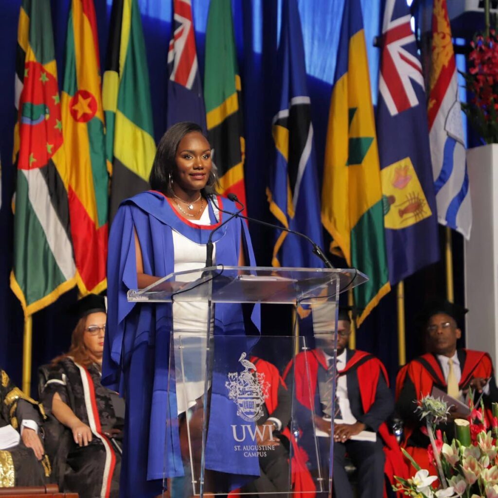 Valedictorian Shaienne St Hillaire speak to  graduands at the graduation ceremony for the Faculties of Humanities and Education and Sport on  Saturday. - Photo courtesy UWI