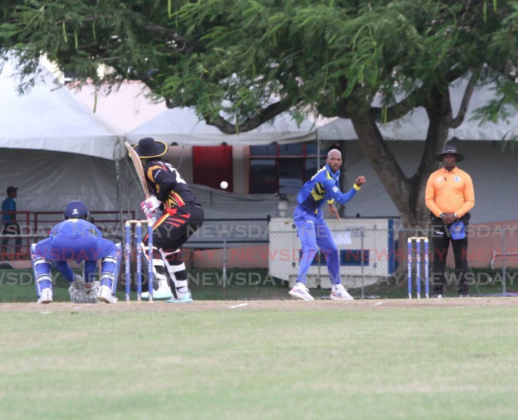 Barbados' Roston Chase bowls to Guyana's Shimron Hetmyer during the Super50 Cup at UWI, St Augustine, Sunday. - Ayanna Kinsale