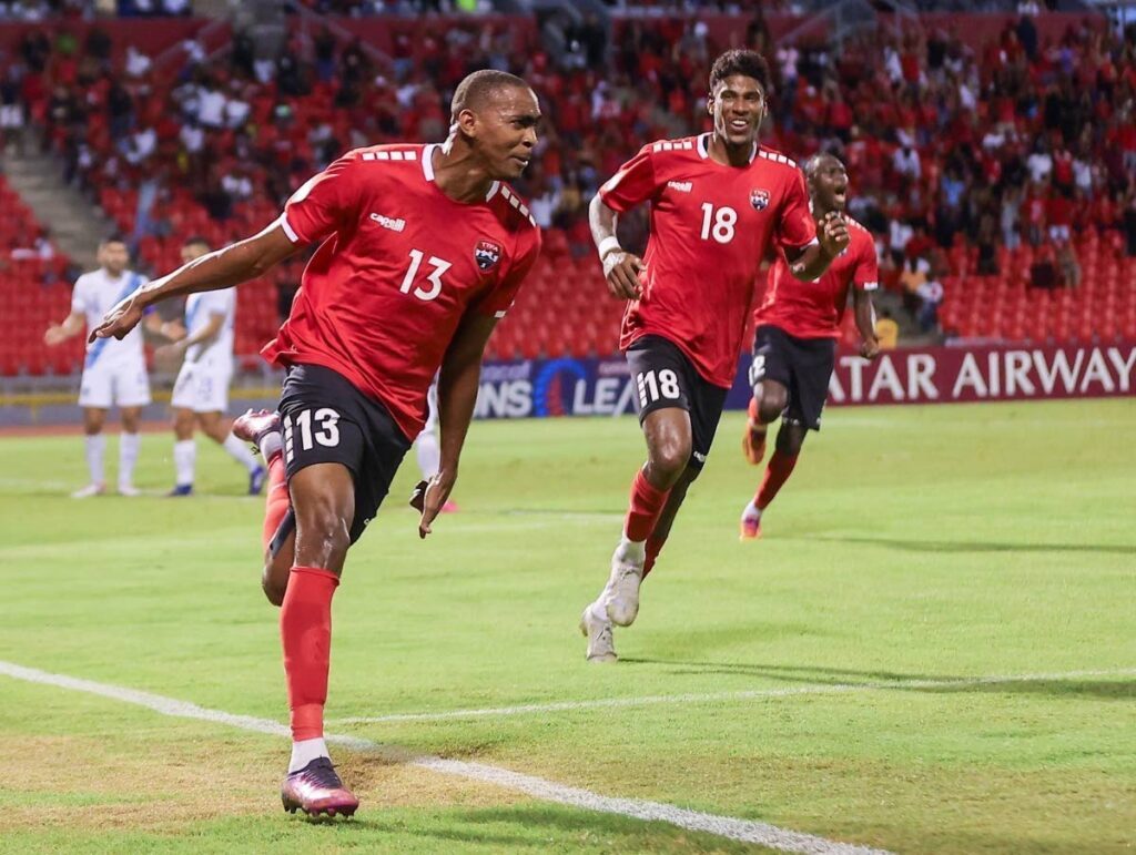 In this October 13 photo, Trinidad and Tobago forward Reon Moore celebrates after scoring against Guatemala in a Concacaf Nations League match on Friday at the Hasely Crawford Stadium, Mucurapo. TT will host the USA on Novermber 20 at the Hasely Crawford Stadium. - TTFA
