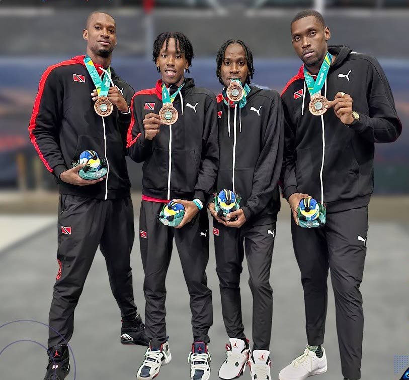 TT 3x3 men’s basketballers (from left) Chike Augustine, brothers Ahkeel and Ahkeem Boyd, and Moriba de Freitas with their Pan Am Games bronze medals in Santiago, Chile.  - 