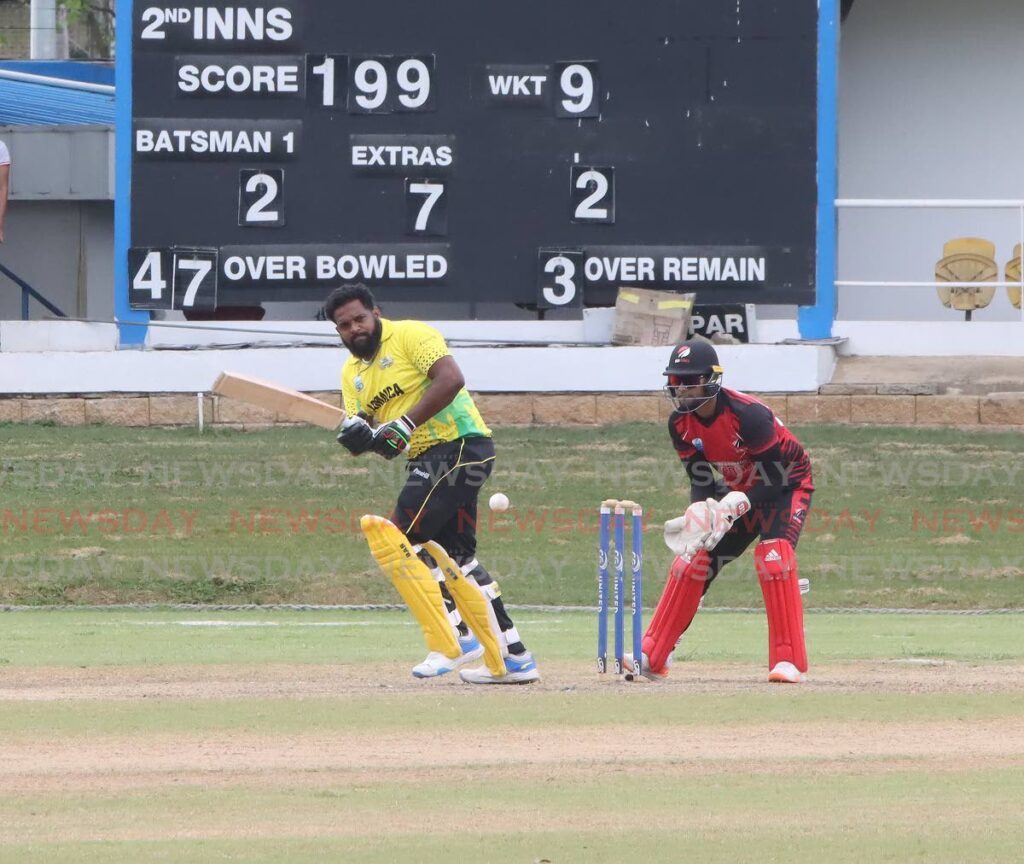Jamaica Scorpions’ Dennis Bulli plays a shot during the CG United Super50 match against TT Red Force, on Thursday, at the Queen’s Park Oval, St Clair.  - ROGER JACOB