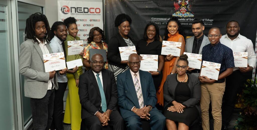 The winners of NEDCO National Entrepreneurship Awards pose with (front row) NEDCO Chief Executive Office Calvin Maurice, NEDCO Chairman Clarry Benn and NEDCO Chief Entrepreneurial Development Officer Karen Carraballo at the prize distribution ceremony held on October 18.
  - Joey Bartlett