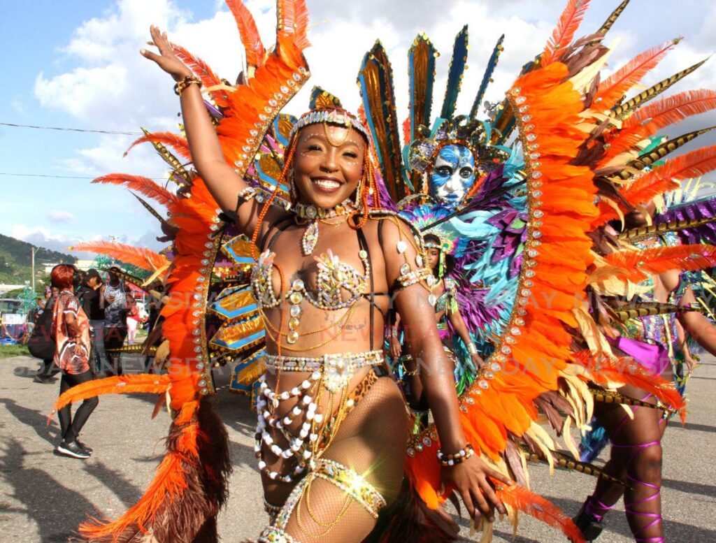 One of the masqureaders during the pre-show of the launch of Carnival 2024, Carnival City, Queen's Park Savannah, Port of Spain. - Photo by Ayanna Kinsale