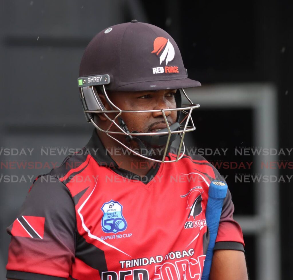 Red Force captain Darren Bravo makes his way to the crease in the CG United Super50, at the Brian Lara Cricket Academy, Tarouba, earlier this month. - Photo by Angelo Marcelle