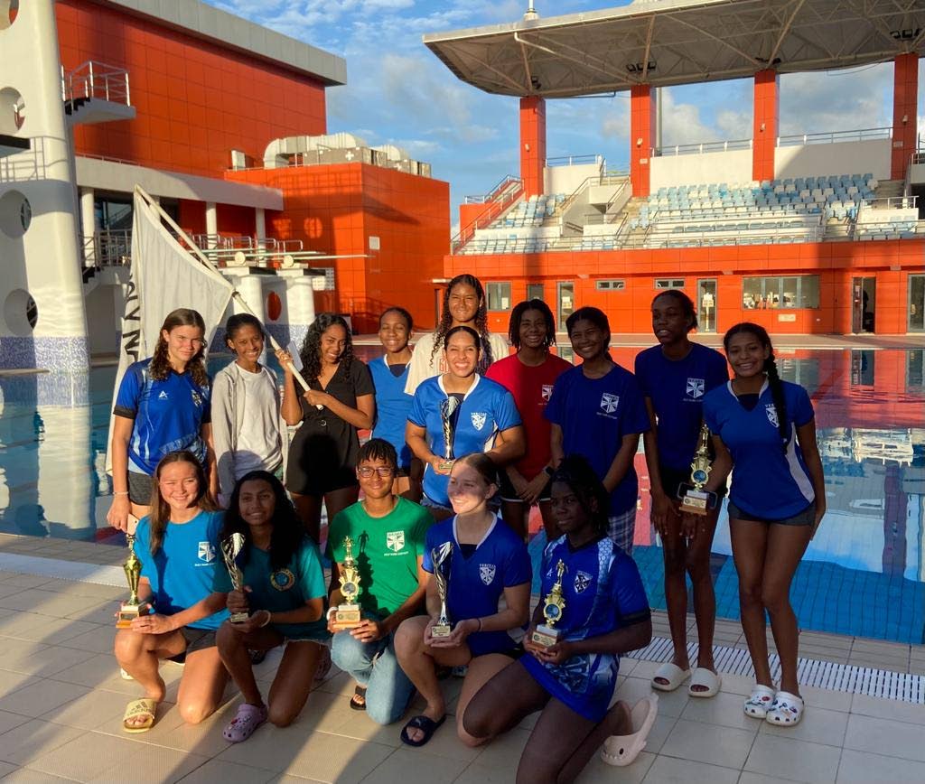 Holy Name Convent swimmers at the 20th Annual Secondary Schools Swim meet at the National Aquatic Centre in Balmain, Couva on Sunday. - 