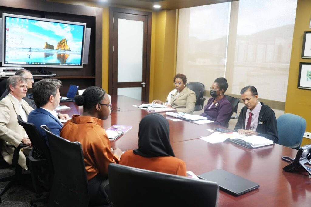Members of the MSDFS’ Executive Team, led by PS Lenor Baptiste-Simmons, engage representatives of the World Bank on Day 1 of the Series of Meetings held at the Ministry of Finance's Head Office on St Vincent Street, Port of Spain. PHOTO COURESTY THE MSDFS - 