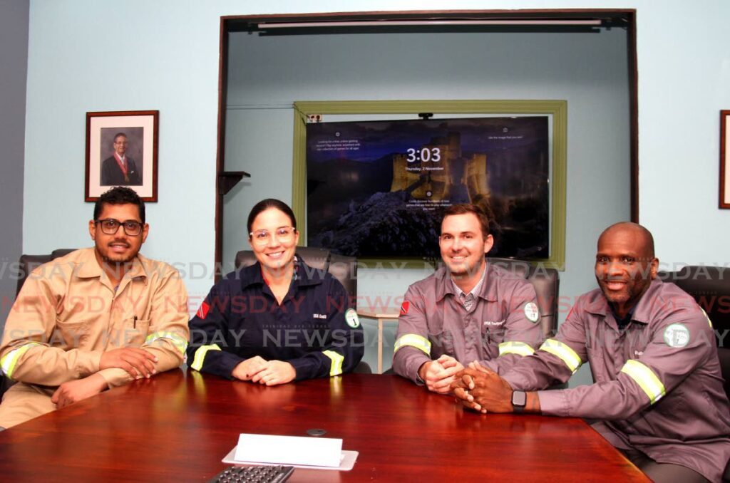 Ansa Coating supply chain manager Jon Jhingoorie, sector marketing manager Christi-Anne De Pas, general manager Nicholas Mac Lean, and regional sales manager Marcus Mc Leod pose for a photo at Ansa Coating, Tumpuna Road, South
Guanapo. - Ayanna Kinsale