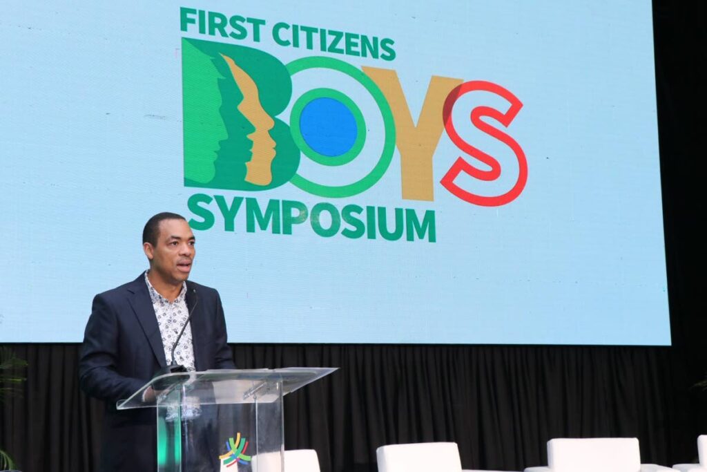 Jason Julien, group deputy CEO – business generation, First Citizens addresses the audience at the group’s ground-breaking Boys’ Symposium. - 
