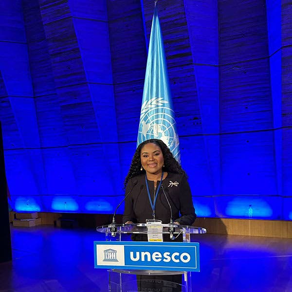Minister of Sport and Community Development Shamfa Cudjoe-Lewis at the 9th session of the Conference of Parties (COP9) to the UNESCO International Convention against Doping in Sport at the UNESCO Headquarters in Paris. - Courtesy Ministry of Sport and Community Development
