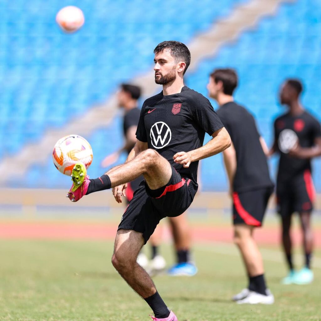 US footballers train on Sunday at the Hasely Crawford Stadium, Mucurapo ahead of their Concacaf Nations League quarterfinal second leg.  - US Soccer 