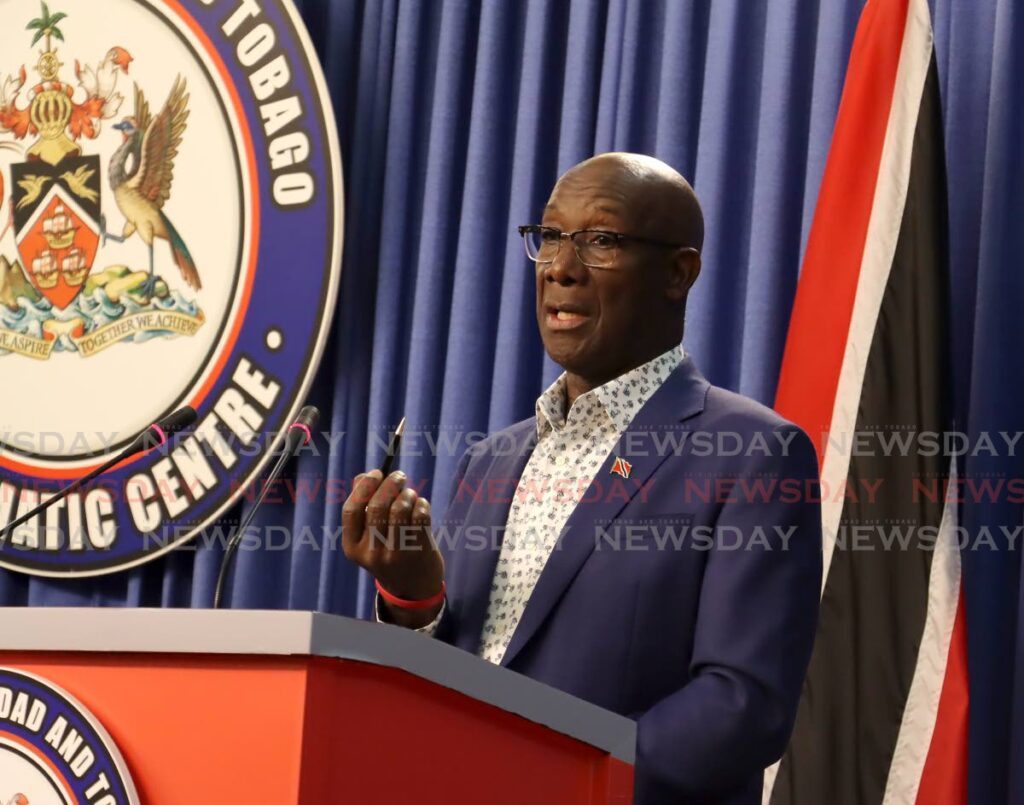 Prime Minister Dr Keith Rowley speaks at a media conference at the Diplomatic Centre, St Ann's, Port of Spain, on Monday. - ROGER JACOB