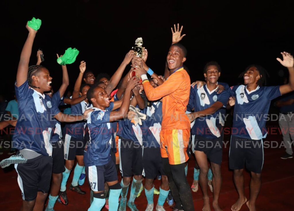 Players of the Arima North Secondary School celebrate their victory in the SSFL East Zone Finals against San Juan Secondary School at the Larry Gomes Stadium Malabar Arima on Tuesday November 21, 2023. - Photo by Roger Jacob