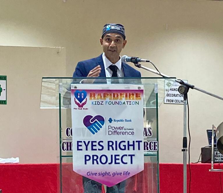 Trinidad Eye Hospital chief surgeon Dr Ronnie Bhola speaks at an Eyes Right project event at the Couva Point Lisas Chamber Building, Couva, on November 19. Photo courtesy Rapidfire Kid Foundation