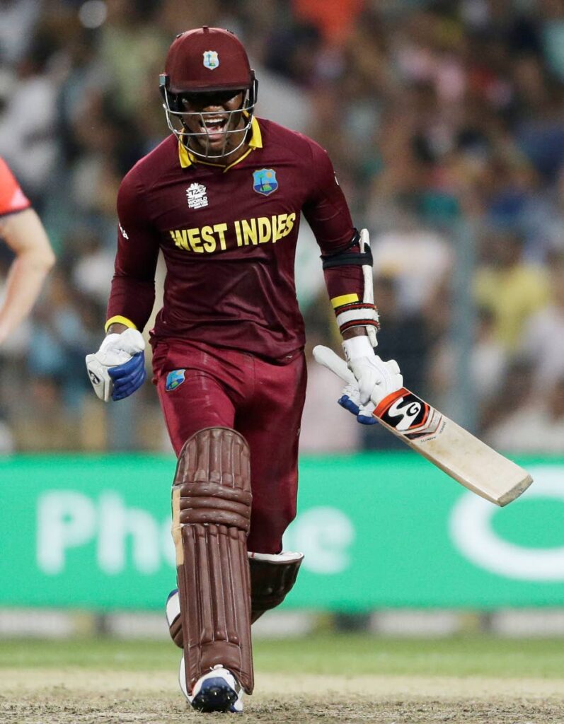 In this file photo, West Indies Marlon Samuels reacts while batting against England during the final of the ICC World Twenty20 2016 cricket tournament at Eden Gardens in Kolkata, India, on April 3, 2016. (AP Photo) - AP PHOTO