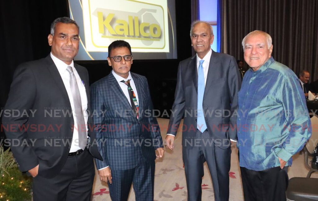 TTCA president Glenn Mahabirsingh, left, Works and Transport Minister Rohan Sinanan, Junior Sammy Group managing director Junior Sammy and NH International managing director Emile Ellias, at the 55th Anniversary and Contractor of the Year awards held at Hyatt Regency, Port of Spain on Saturday.  - ROGER JACOB