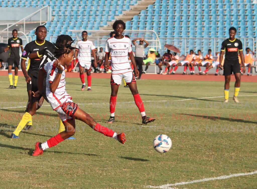 St Anthony’s Theo Crovador shoots at goal against Chaguanas North Secondary in a Coca-Cola National Intercol quarterfinals, at the Hasely Crawford Stadium, Mucurapo, Tuesday. St Anthony’s won 5-1. - Photo by Roger Jacob