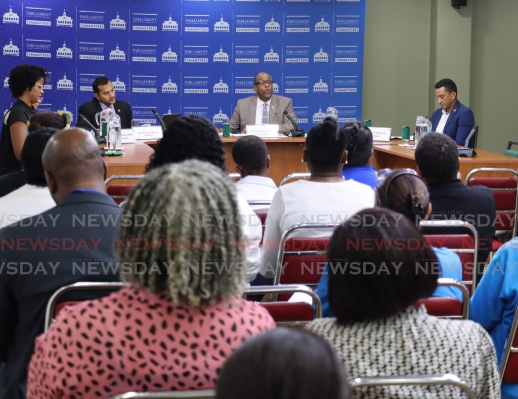 Dr Paul Richards, JSC Social Services and Public Administration chairman, alongside members Senators David Nakhid, Avinash Singh, Vandana Mohit, and special guest Dr Maia Blackman at a town hall meeting focusing on the public healthcare system at the Cabildo Building, Port of Spain on Wednesday. - Photo by Roger Jacob