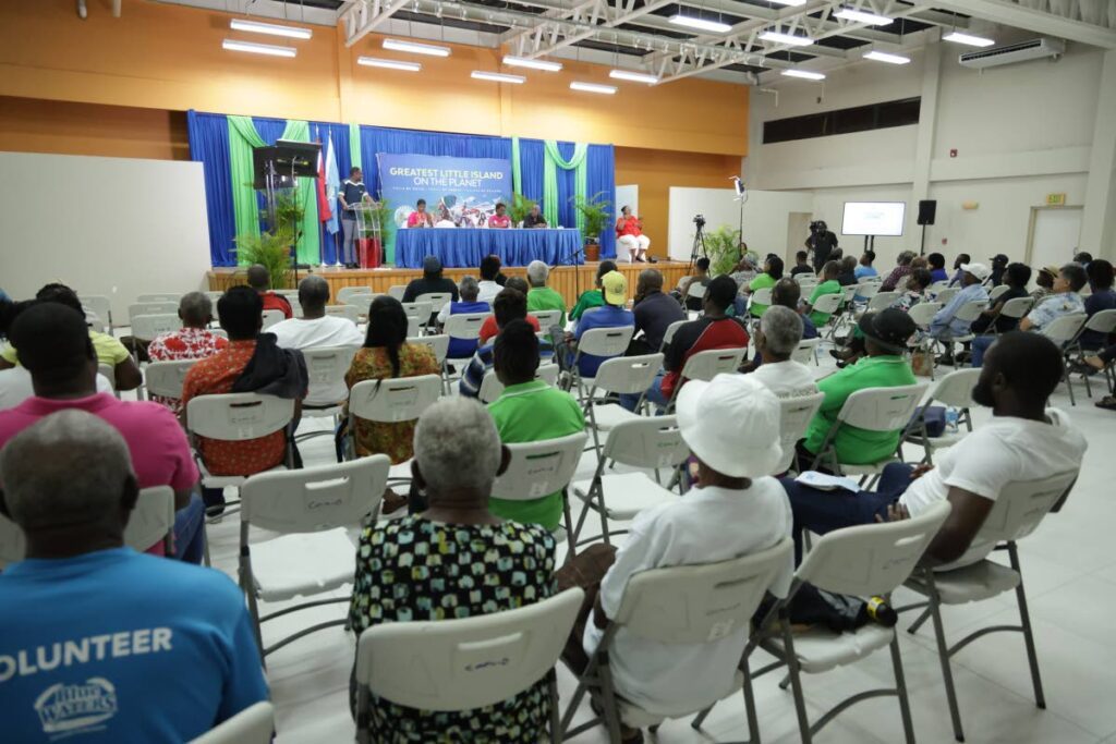 Residents listen to presentations from THA officials at a Lambeau/Lowlands town hall meeting at the Lowlands Multipurpose facility, Tobago, on Tuesday. PHOTO COURTESY THA - 