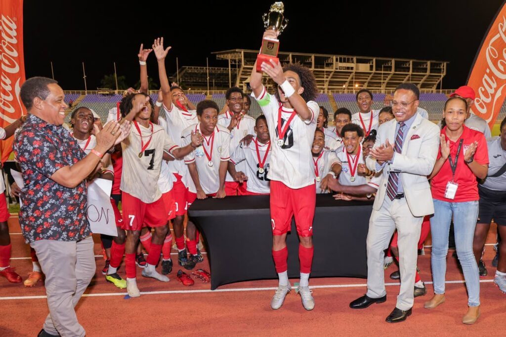 St Anthony's College players celebrate after beating Queen's Royal College, on December 1, 2023, during the SSFL Coca-Cola North Zone Intercol final, at the  Hasely Crawford Stadium, Port of Spain.  - Photo by Daniel Prentice 