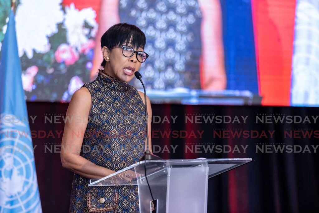 National Champion Sharon Clarke-Rowley speaks at the Spotlight Initiative Transition Conference at the Hilton Hotel and Conference Centre, Trinidad, on November 28. - 