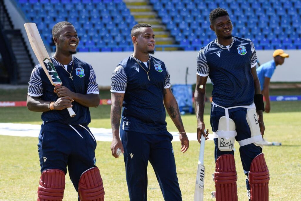 Sherfane Rutherford (L), Shimron Hetmyer (C) and Alzarri Joseph (R) of West Indies take part in a training session one day ahead of the 1st ODI against England at Vivian Richards Cricket Stadium, North Sound, Antigua and Barbuda, on Saturday. - 