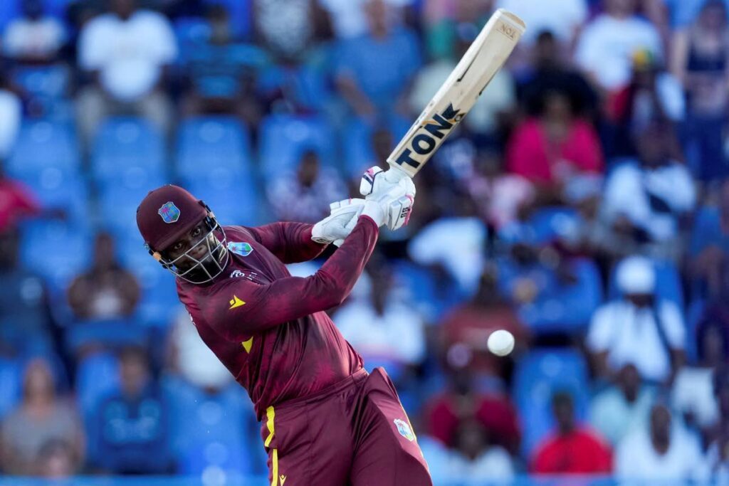 West Indies' Romario Shepherd plays a shot against England during the first ODI at Sir Vivian Richards Stadium in North Sound, Antigua and Barbuda, Sunday. - AP