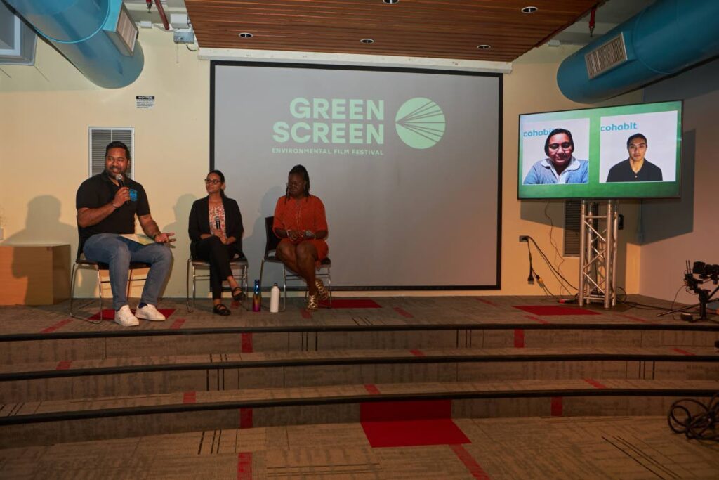  Omar Mohamed, left, Anaadi Pooran and Sian Cuffy-Young. On screen are Vaishnavi Srinivasa and Jed Manguera of Cohabit. - 