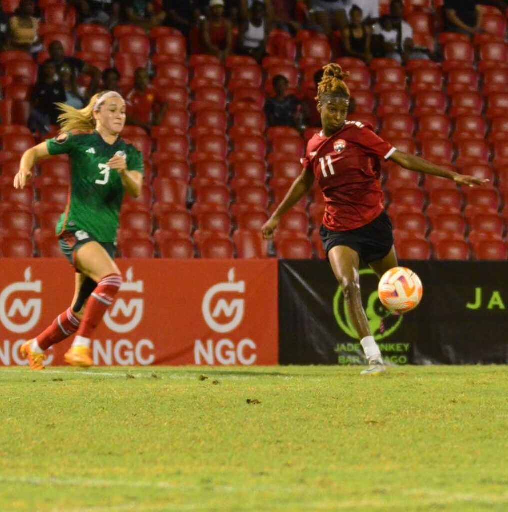 TT's Maria Frances-Serrant looks to kick the ball during the second-leg Concacaf Women's Gold Cup qualifier against Mexico, at the Hasely Crawford Stadium, Port of Spain on Tuesday. - TTFA Media