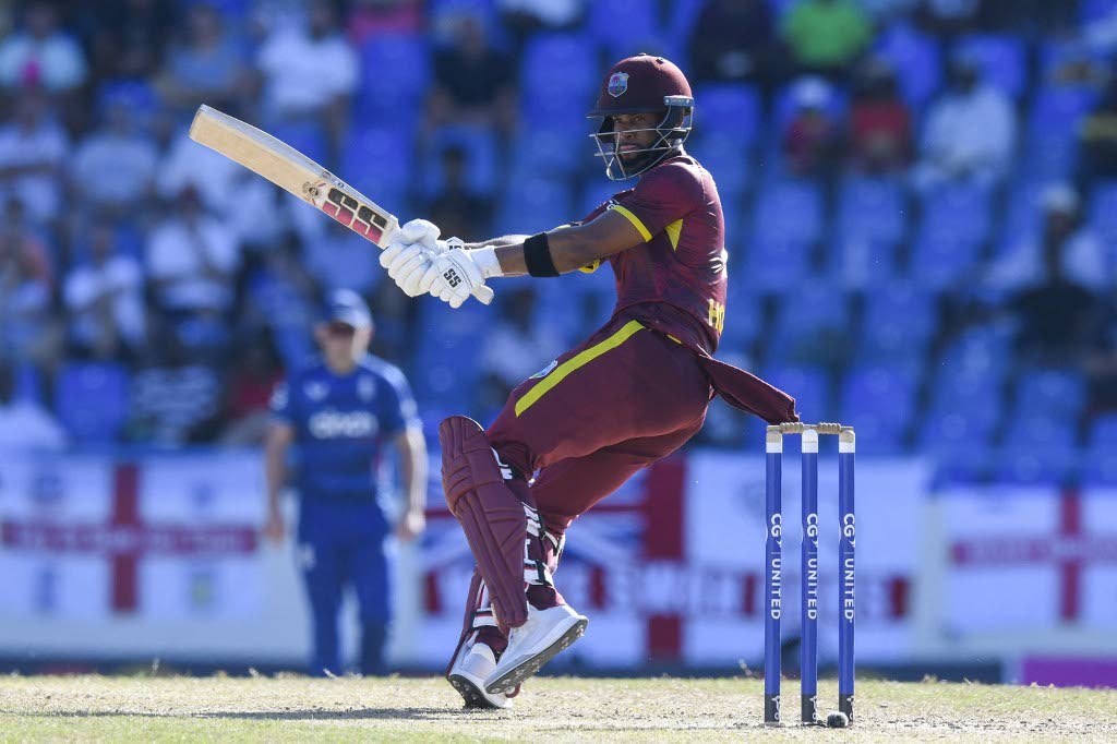 Shai Hope of West Indies hits 4 during the 2nd ODI match against England at the Sir Vivian Richards Cricket Stadium in North Sound, Antigua and Barbuda, on Wednesday.  - 