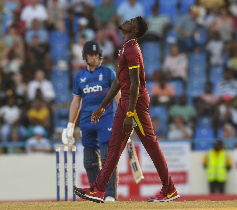 Windies bowler Alzarri Joseph is disappointed after conceding a boundary vs England in an ODI at the Sir Vivian Richards Stadium in Antigua, on Wednesday. - AFP PHOTO