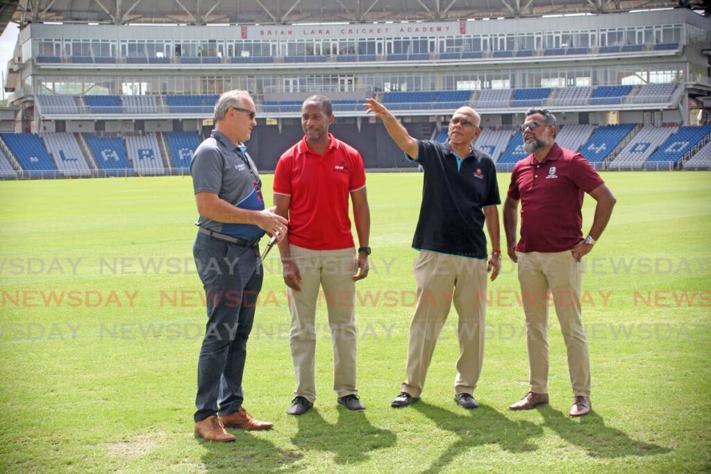 (L-R)Senior manager of Operations at the International Cricket Council Tulsa Woodham, chats with head of Partnership and Alliance at SPORTT Kairon Serrette, president of TTCB and VP of WICB Azim Bassarath and head of operations for the ICC men's T20 World Cup 2024 K J Singh during an inspection of the Brian Lara Cricket Acacdemy, Tarouba, on Saturday. - Photo by Lincoln Holder