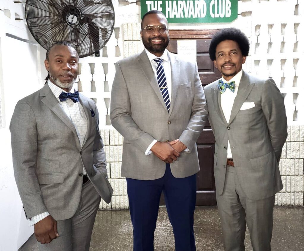 The Harvard Club president Brian Lewis, right, with Port of Spain Mayor Chinua Alleyne, centre, and honorary secretary  Roger McLean at the club's anniversary celebrations on Saturday in Port of Spain. Photo courtesy Joan Rampersad Facebook - 