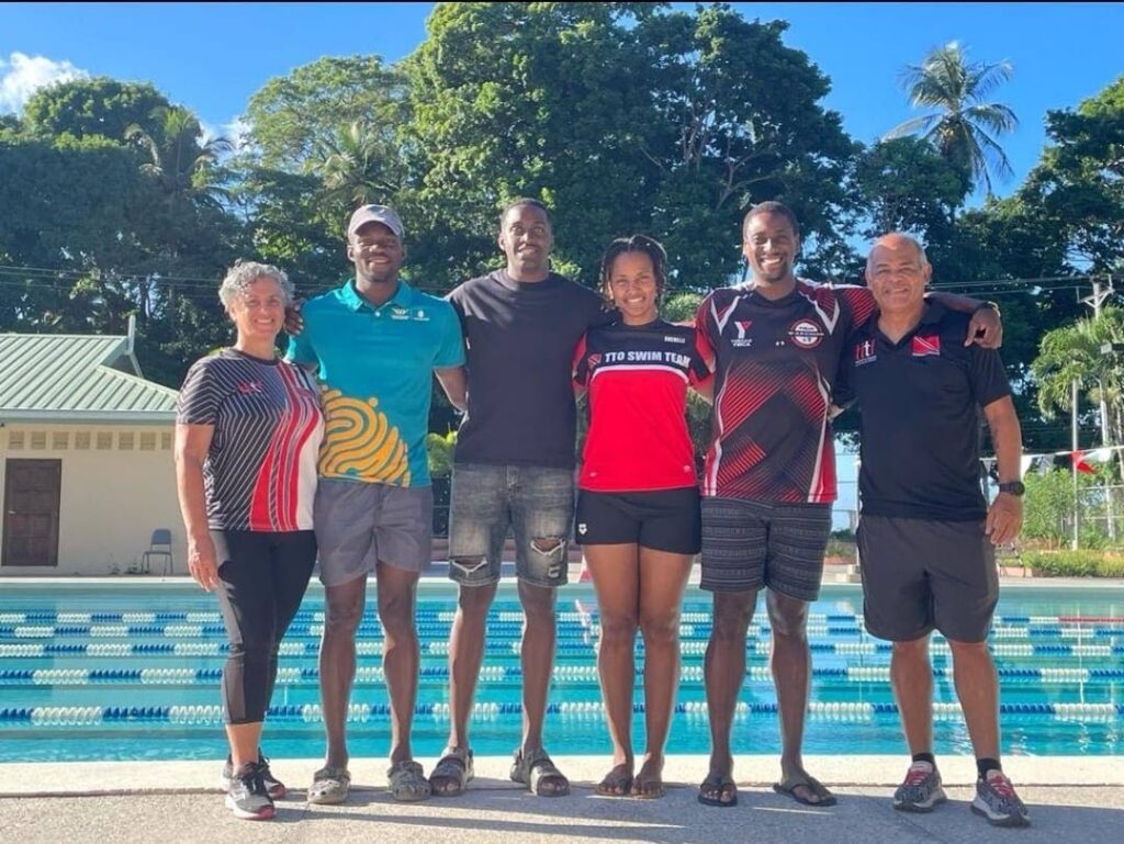 Tobago triathlon course facilitator Derek Daniel, from right, along with course participants Mosi Denoon, Rochelle Pierre, Che Harris and Ndu-bisi Hall. At left is TTTF president Karen Araujo.  - Photo courtesy TTTF