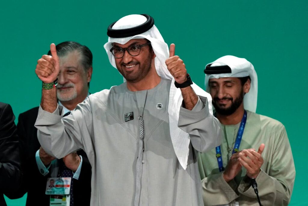 COP28 president Sultan al-Jaber gestures at the end of the COP28 Climate Summit on Wednesday. AP Photo - 