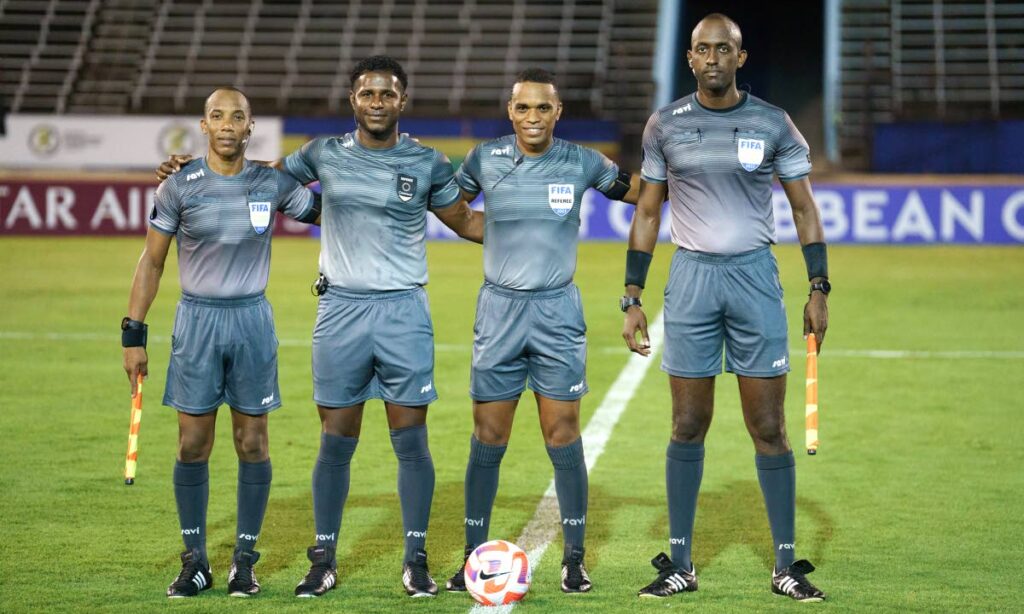 TT referees (from left) Ainsley Rochard, Timothy Derry, Kwinsi Williams, Caleb Wales officiate Harbour View vs Robinhood in the Concacaf Caribbean Cup on September 27, 2023.  - Photo courtesy Concacaf