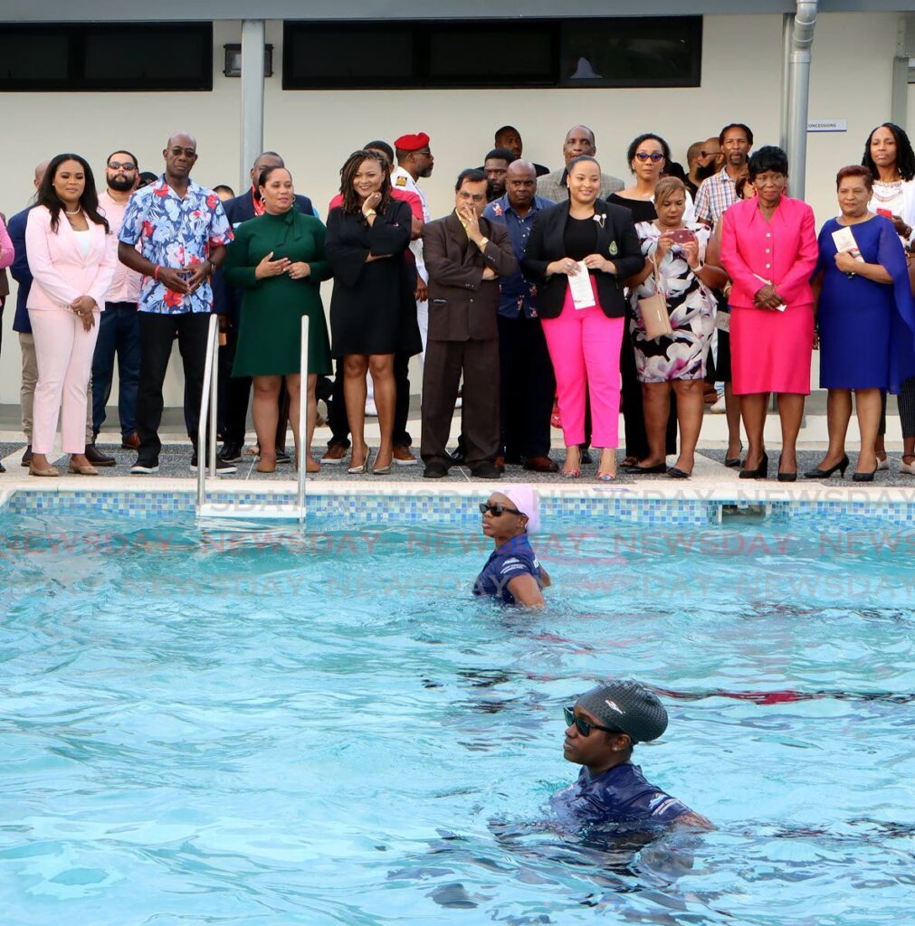 Minister of Sport and Community Development Shamfa-Cudjoe, left, Prime Minster Dr Keith Rowley, D'Abadie/O'Meara MP Lisa Morris-Julian, Minister of Education Nyan Gadsby-Dolly and Arima mayor Balliram Maharaj at the official opening of the D'Abadie/Malabar Community Swimming Pool on Subero Street, Malabar Phase 2, Arima on Friday.  - Angelo Marcelle
