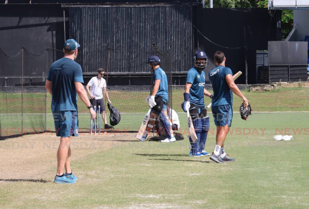 Members of the England cricket team attend a training session, on Monday, at the Queen's Park Oval, St Clair.  - Photo by Roger Jacob