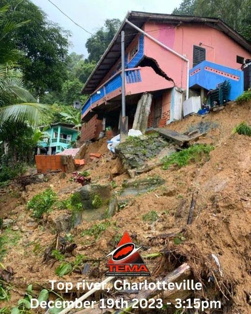A house partially collapses in Top River, Charlotteville, Tobago, after heavy rains caused landslides in the area on December 19 - Tobago Emergency Management Agency