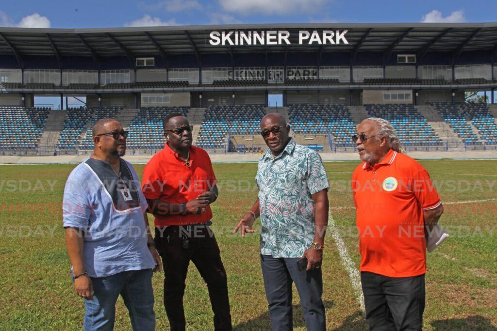 From left, NCC commissioner, Darian Marcelle , TUCO president Ainsley King, NCC chairman Winston Peters and San Fernando convenor of carnival Dawad Phillip in conversation during a tour of Skinner Park, San Fernando, on Thursday. - Photo by Lincoln Holder