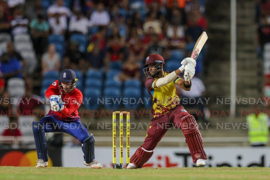 West Indies batsman Shai Hope plays a shot during the fifth and final T20 match against England, on Thursday, at the Brian Lara Cricket Academy, Tarouba.  - DANIEL PRENTICE