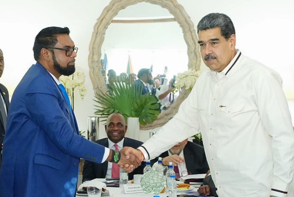 Venezuela's President Nicholas Maduro (r) shakes hands with Guyana's President Dr Irfaan Ali during a Caricom meeting in St Vincent and the Grenadines on Thursday December 13, 2023. - Photo courtesy Office of the President of Guyana's Facebook page