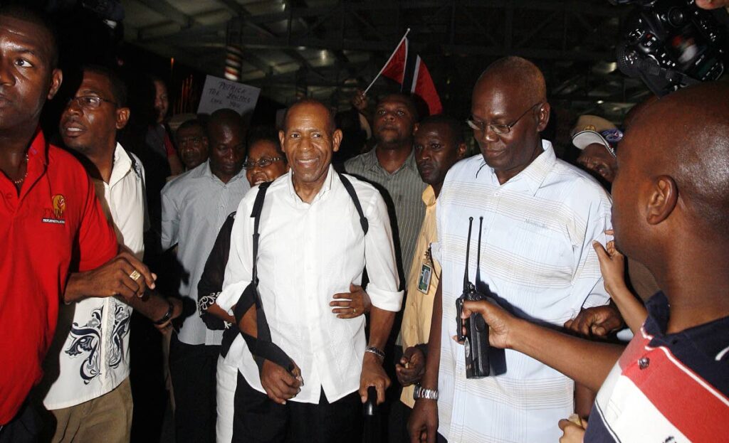 In this August 1, 2012, file photo former prime minister Patrick Manning receives a warm welcome from supporters at Piarco International Airport on his return from the US for medical treatment. It was a far cry from his secret return from Cuba where he had surgery on December 24, 2008. - File photo