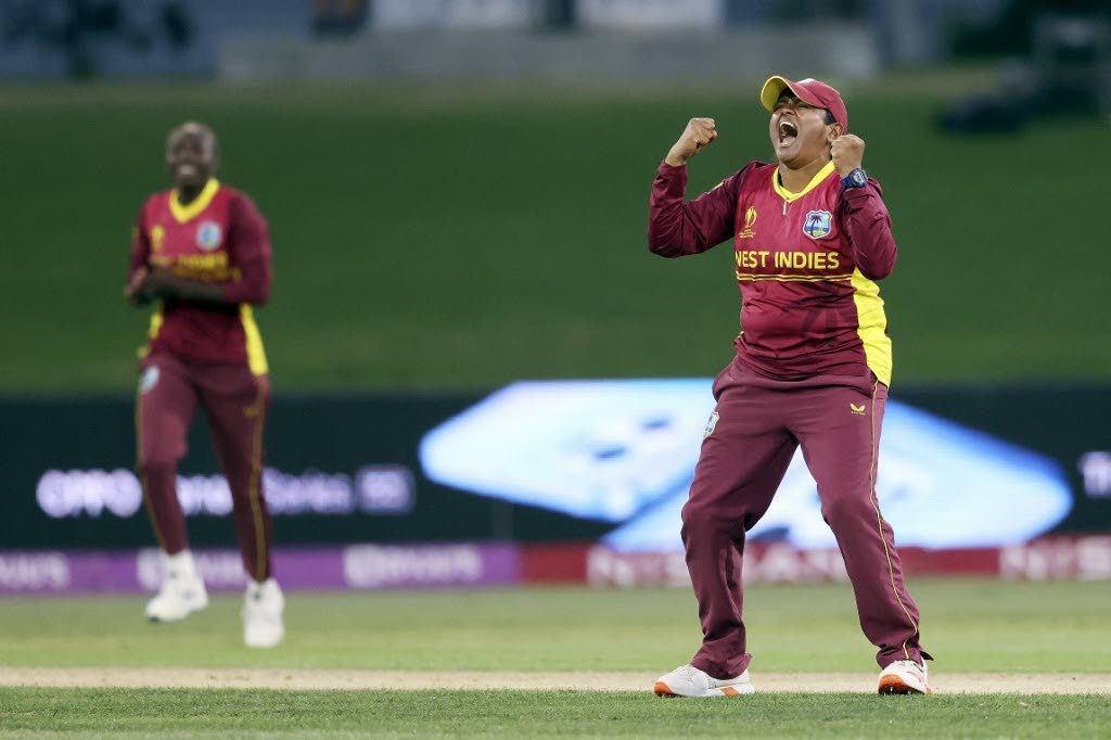 In this March 4, 2022 file photo, West Indies Anisa Mohammed (R) celebrates the wicket of New Zealand’s Amy Satterthwaite during the Round 1 Women's Cricket World Cup match at Bay Oval in Mount Maunganui. -  Photo courtesy ICC