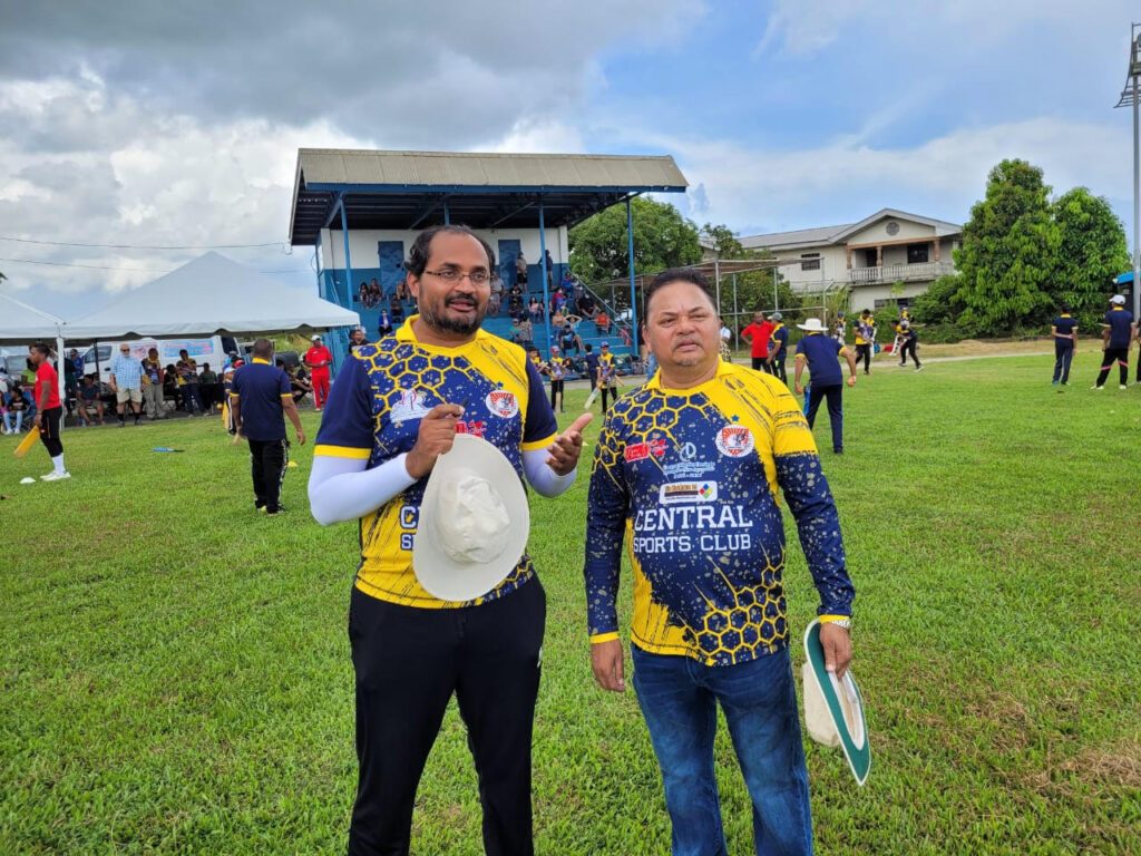 MP for Chaguanas West Dinesh Rambally, left, and Central Sports president Richard Ramkissoon declared success in their first cricket camp. - Photo courtesy Trinidad and Cricket Board