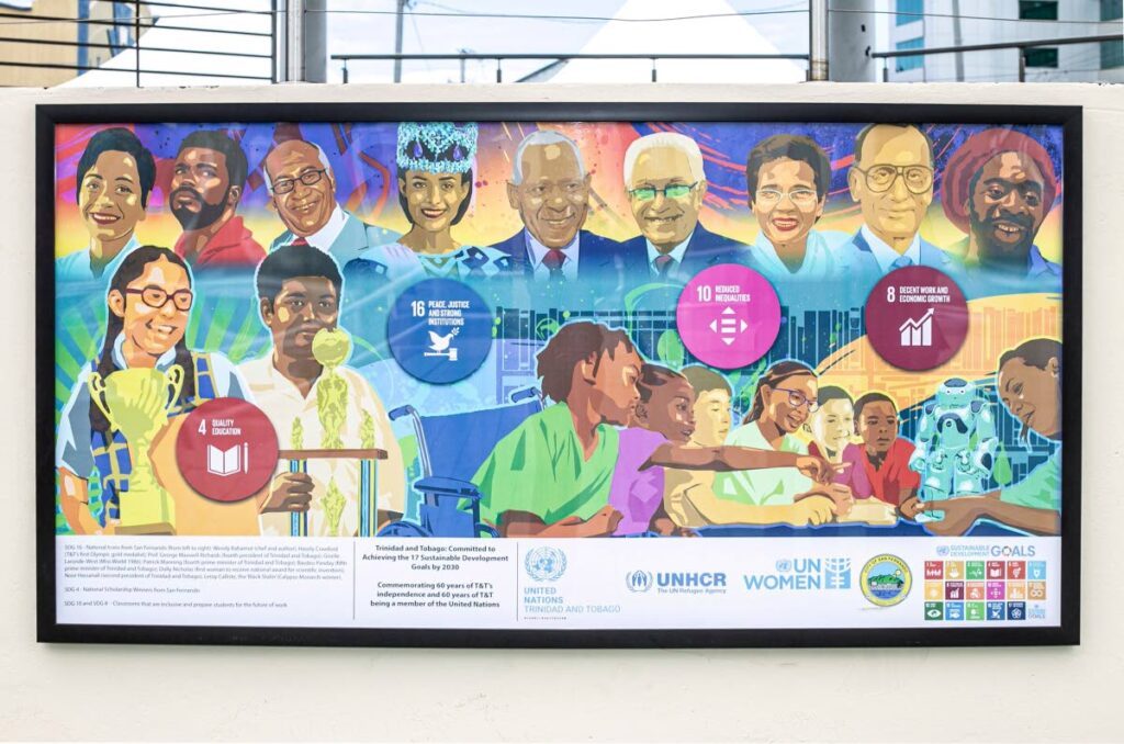 A mural designed by Warren Le Platte for UN TT, highlighting the sustainable development goals.
Photo courtesy UN TT. - 