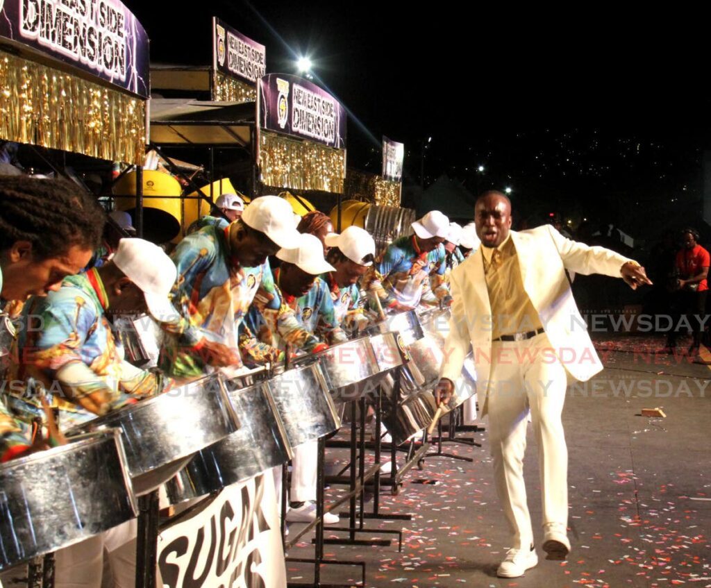 Sugar Aloes performs with members of T&TEC New Eastside Dimension, the winners of Pan Trinbago's Small Conventional Band competition in Panorama 2024. - Photo by Ayanna Kinsale