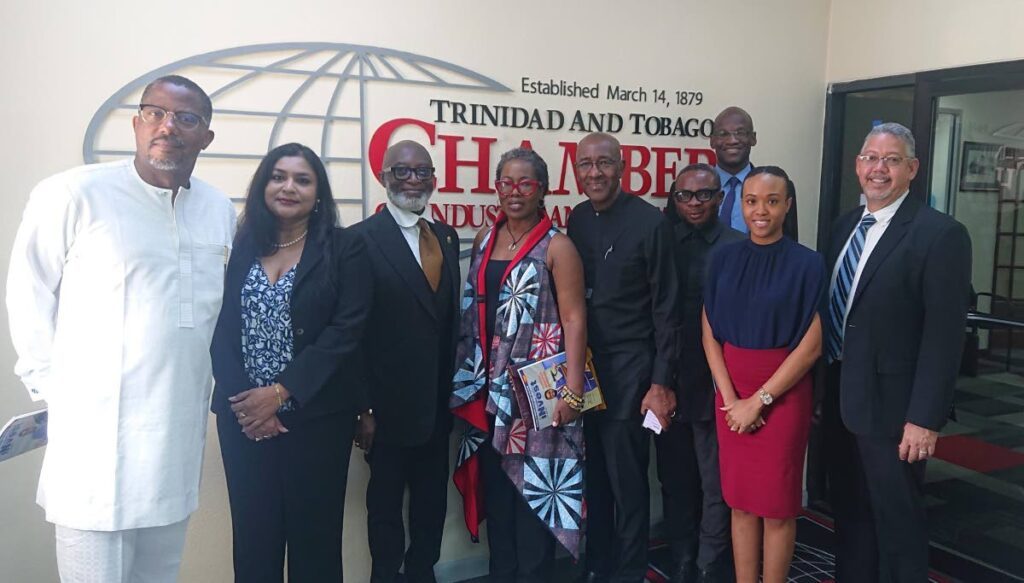 The Trinidad and Tobago Chamber met with a visiting Ghanian delegation to discuss potential opportunities for partnership last year. 
In photo (L-R): Charles Zwennes,  attorney at law and former chairman Republic Bank Ghana; Kiran Maharaj, president the TT Chamber; Reginald Yofi Grant, CEO Ghana Investment Promotion Centre; Afua Asabea Asare, CEO Ghana Export Promotion Authority; Robert Le Hunte, executive director IDB; Samuel Dentu, deputy CEO Ghana Export Promotion Authority; Taharqa Obika; Leeooi-Oneika Howard, trade specialist TT Chamber; and Stephen de Gannes, CEO TT Chamber. - 
Photo courtesy TT Chamber 