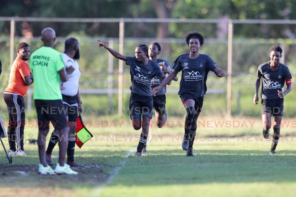 Miracle Ministries’ Jabari Rodriguez, second from right, celebrates his goal against Carapichaima East Secondary in the 2023 SSFL Central Zone Intercol semifinal at Edinburgh 500 ground on November 14, in Chaguanas. - DANIEL PRENTICE