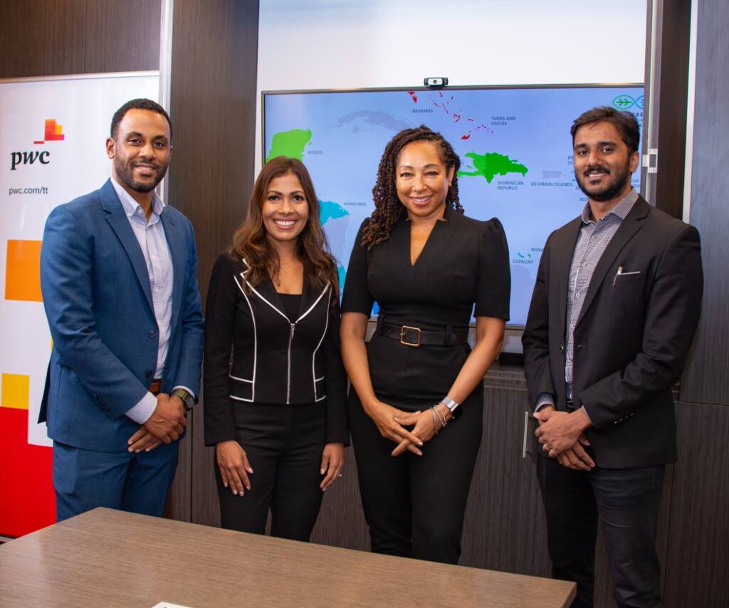 Anthony Bridgewater, senior associate, left;  Zia Paton, PwC TT partner and consulting leader;  Racquel Moses, UNFCCC's global ambassador and CEO of CCSA and Dillon Ramsook, PwC TT manager. - Photo courtesy PwC TT